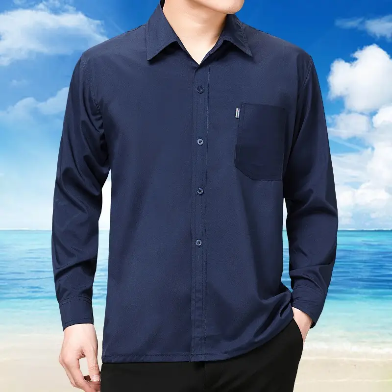 Middle-Aged Men Long Sleeve Button Shirt Blue - Image 2