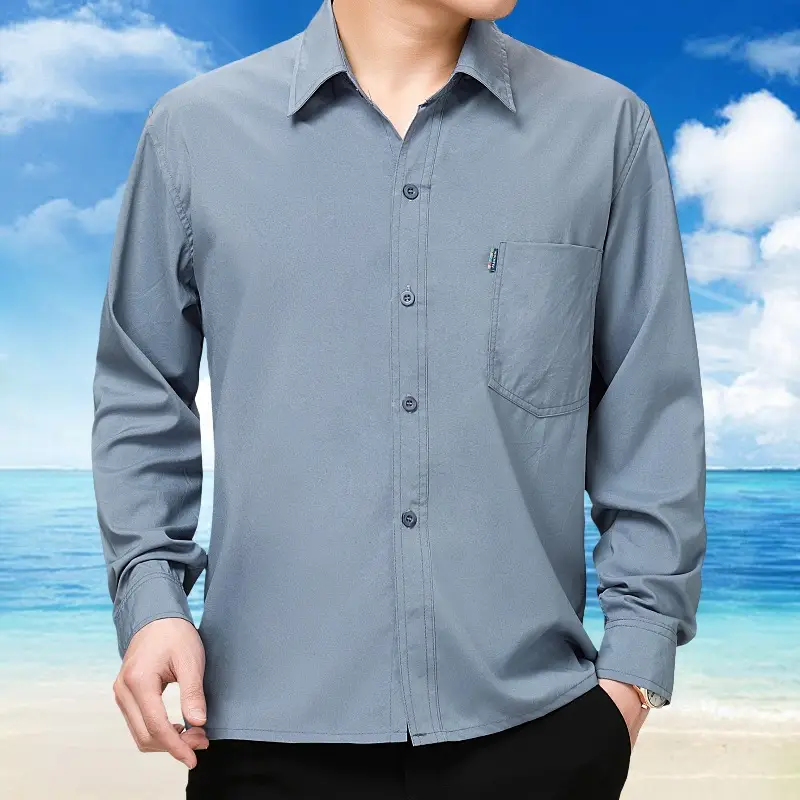 Middle-Aged Men Long Sleeve Button Shirt Blue - Image 4