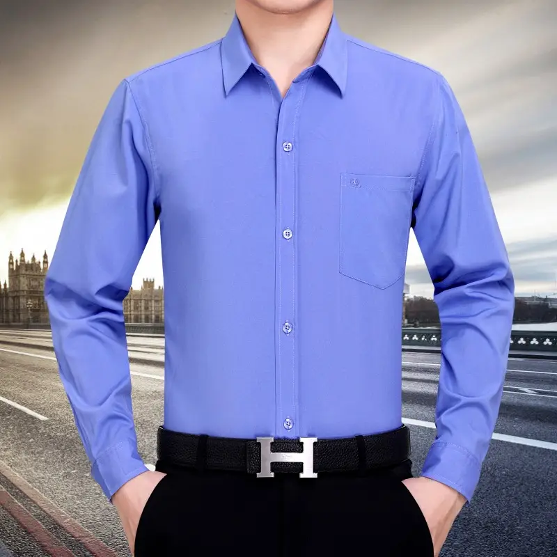 Middle-Aged Men Long Sleeve Button Shirt Blue - Image 6