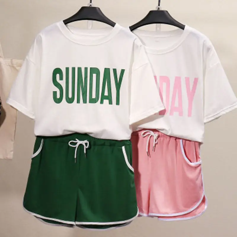 Women Korean Style Short Sleeve Shorts Set Pink Black - Image 6