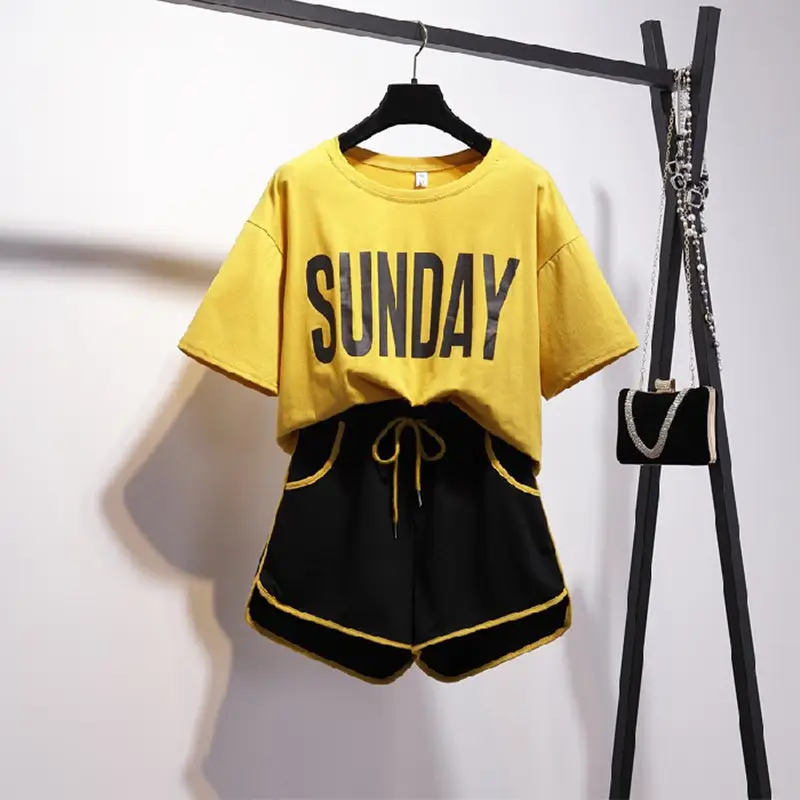 Women Korean Style Short Sleeve Shorts Set Pink Black - Image 7