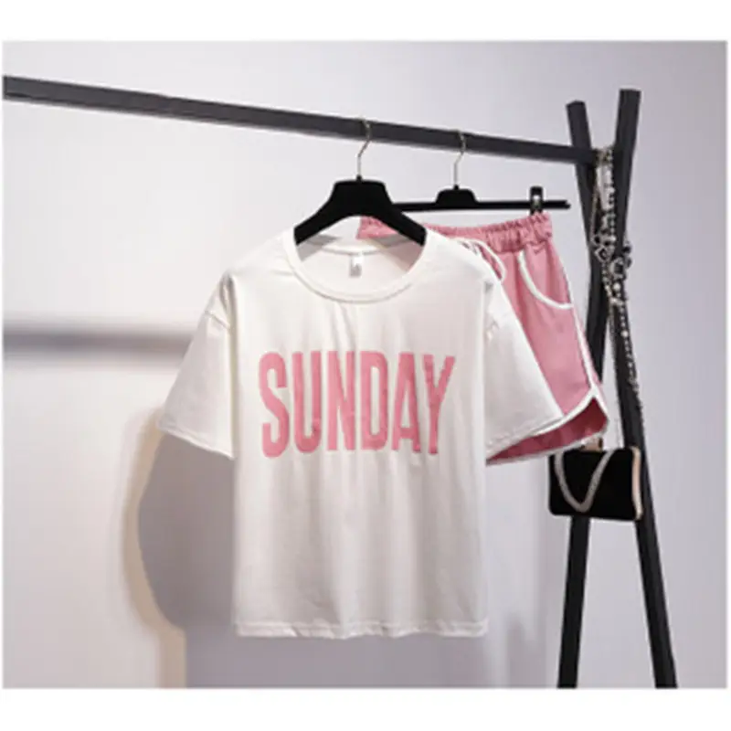 Women Korean Style Short Sleeve Shorts Set Pink Black - Image 8