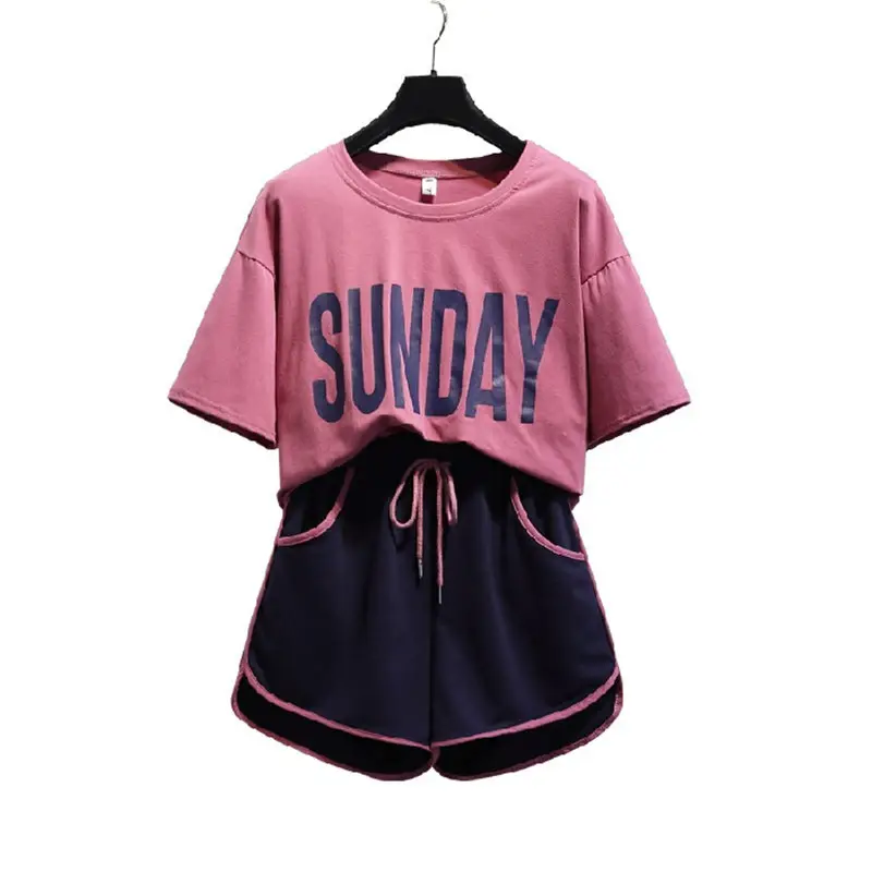 Women Korean Style Short Sleeve Shorts Set Pink Black - Image 9