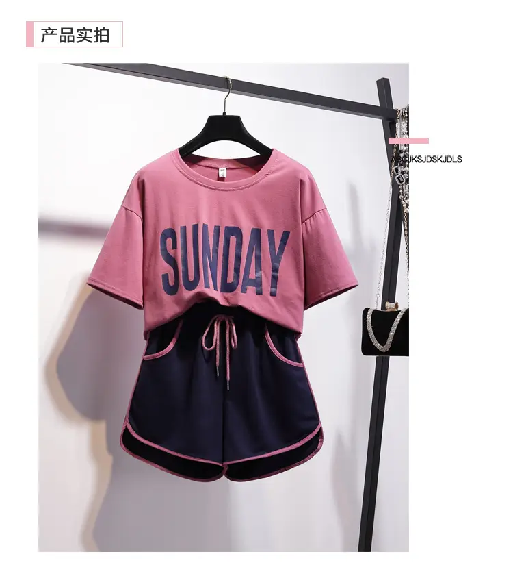 Women Korean Style Short Sleeve Shorts Set Pink Black — feature 6