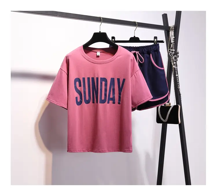 Women Korean Style Short Sleeve Shorts Set Pink Black — feature 8