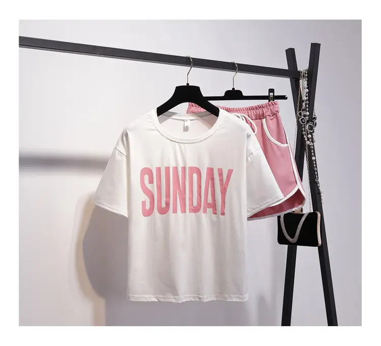 Women Korean Style Short Sleeve Shorts Set Pink Black — feature 9