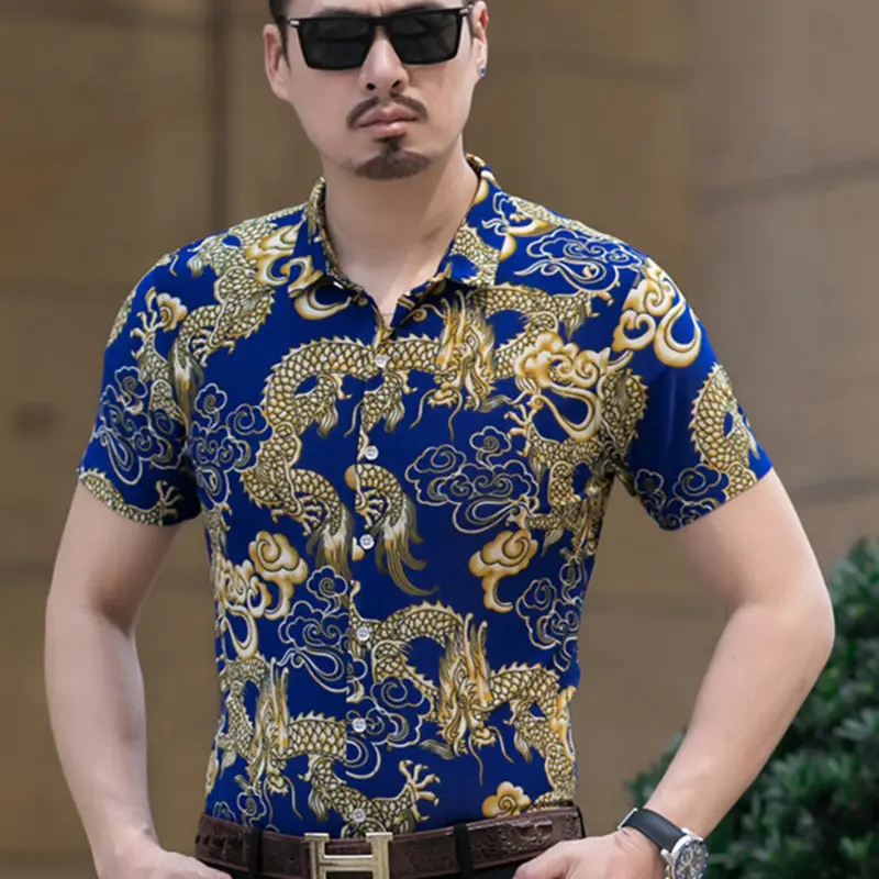 2019 Men Printed Dragon Shirt Blue Short Sleeve - Image 6