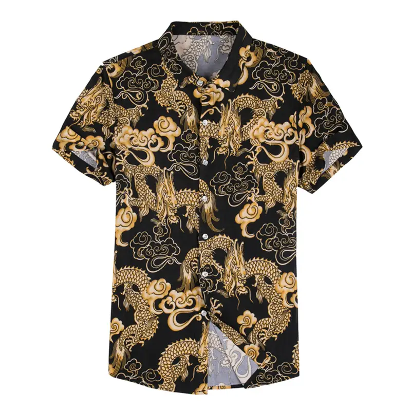 2019 Men Printed Dragon Shirt Blue Short Sleeve - Image 10