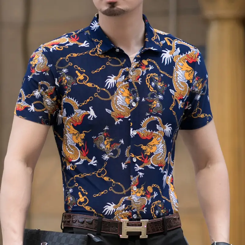 2019 Men Printed Dragon Shirt Blue Short Sleeve - Image 3
