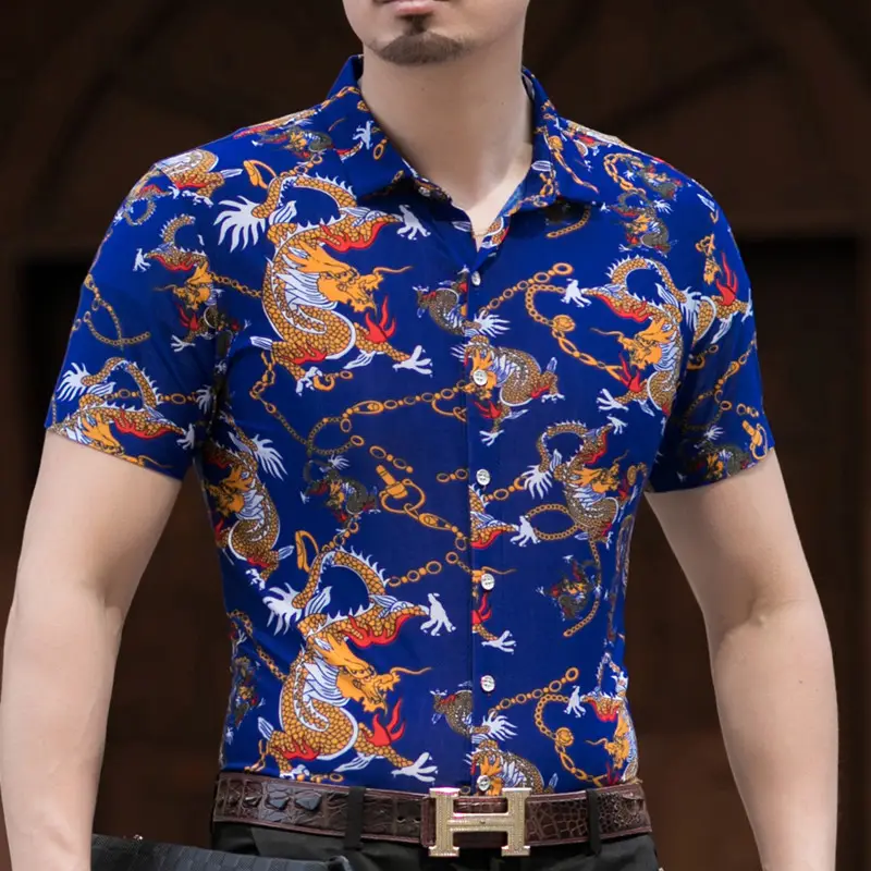 2019 Men Printed Dragon Shirt Blue Short Sleeve - Image 4