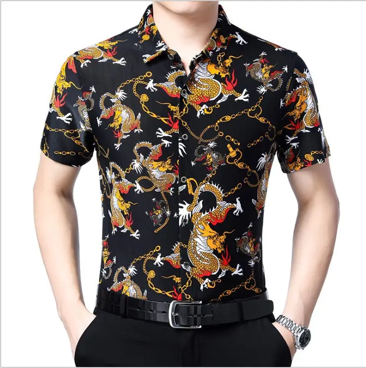 2019 Men Printed Dragon Shirt Blue Short Sleeve - Image 5