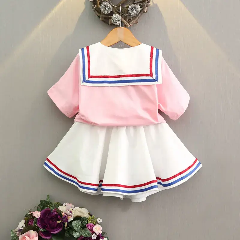 2024 Girls Pink Blue Striped Two-Piece Skirt Set - Image 3