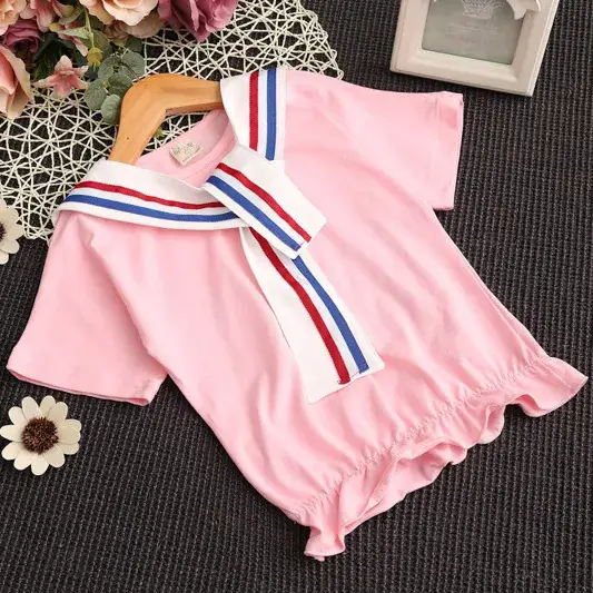 2024 Girls Pink Blue Striped Two-Piece Skirt Set - Image 4