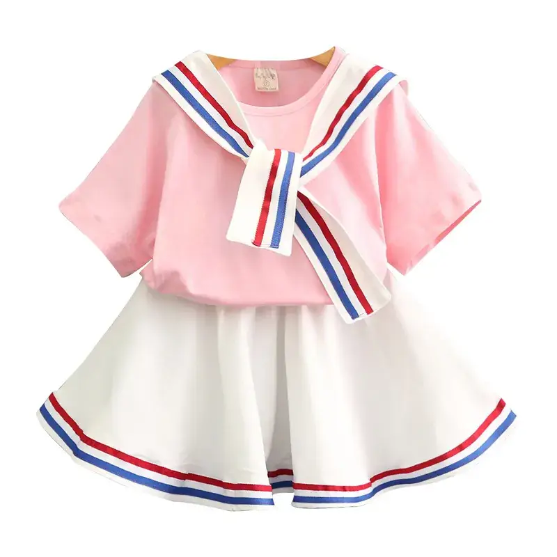 2024 Girls Pink Blue Striped Two-Piece Skirt Set - Image 6