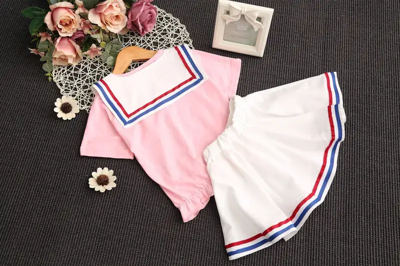 2024 Girls Pink Blue Striped Two-Piece Skirt Set — feature 14