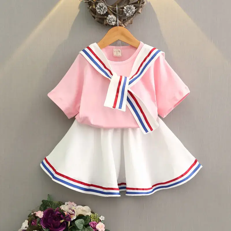 2024 Girls Pink Blue Striped Two-Piece Skirt Set — feature 3