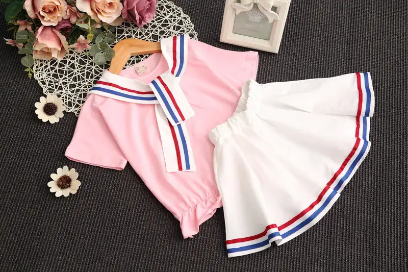 2024 Girls Pink Blue Striped Two-Piece Skirt Set — feature 5