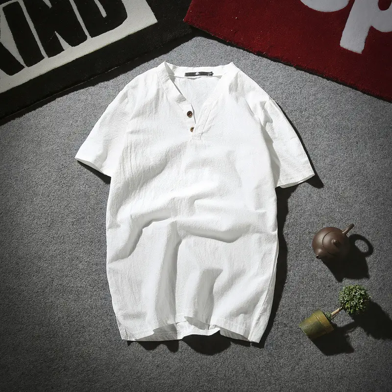 Men Linen Polo T-Shirt Light Blue Short Sleeve Retro Design - Image 8