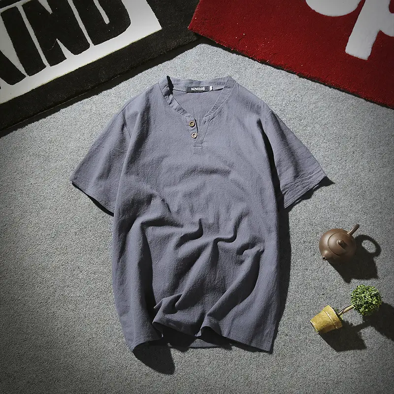 Men Linen Polo T-Shirt Light Blue Short Sleeve Retro Design - Image 9