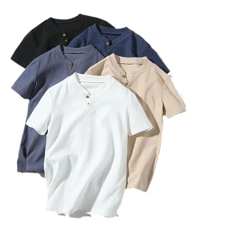 Men Linen Polo T-Shirt Light Blue Short Sleeve Retro Design - Image 11