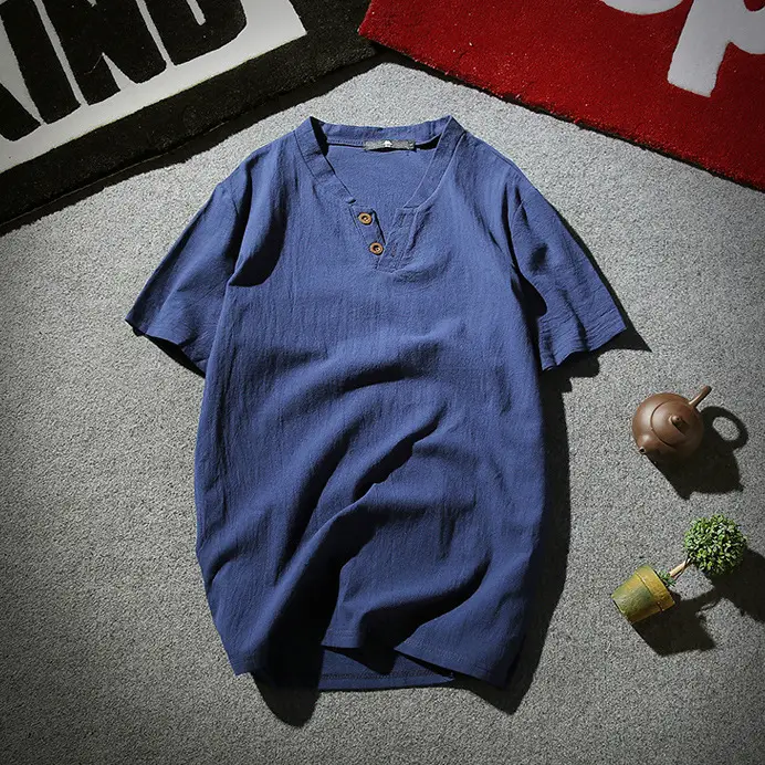 Men Linen Polo T-Shirt Light Blue Short Sleeve Retro Design - Image 5