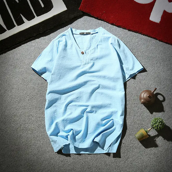 Men Linen Polo T-Shirt Light Blue Short Sleeve Retro Design - Image 6
