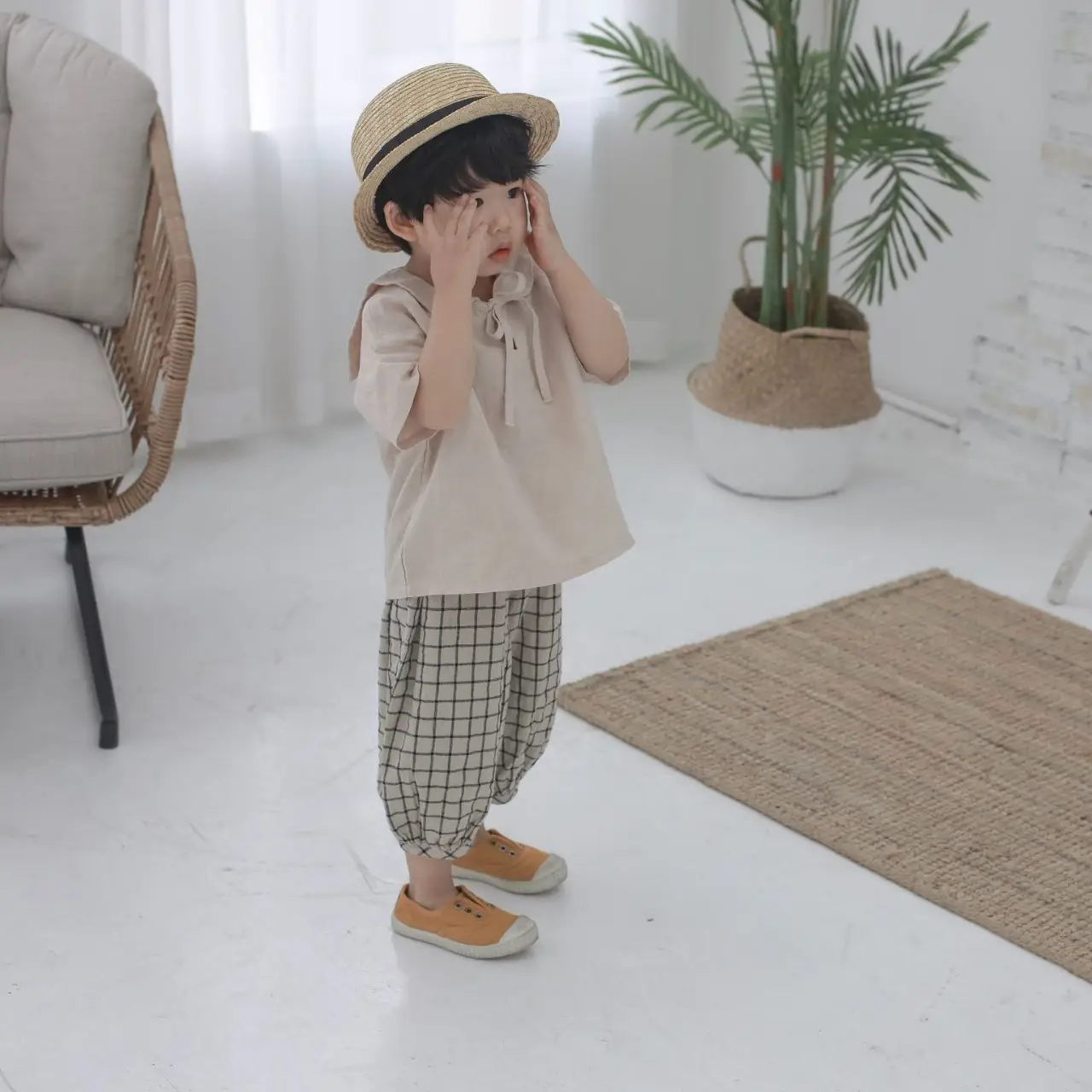 2026 Spring Boys Cotton Linen T-Shirt Brown Beige - Image 5