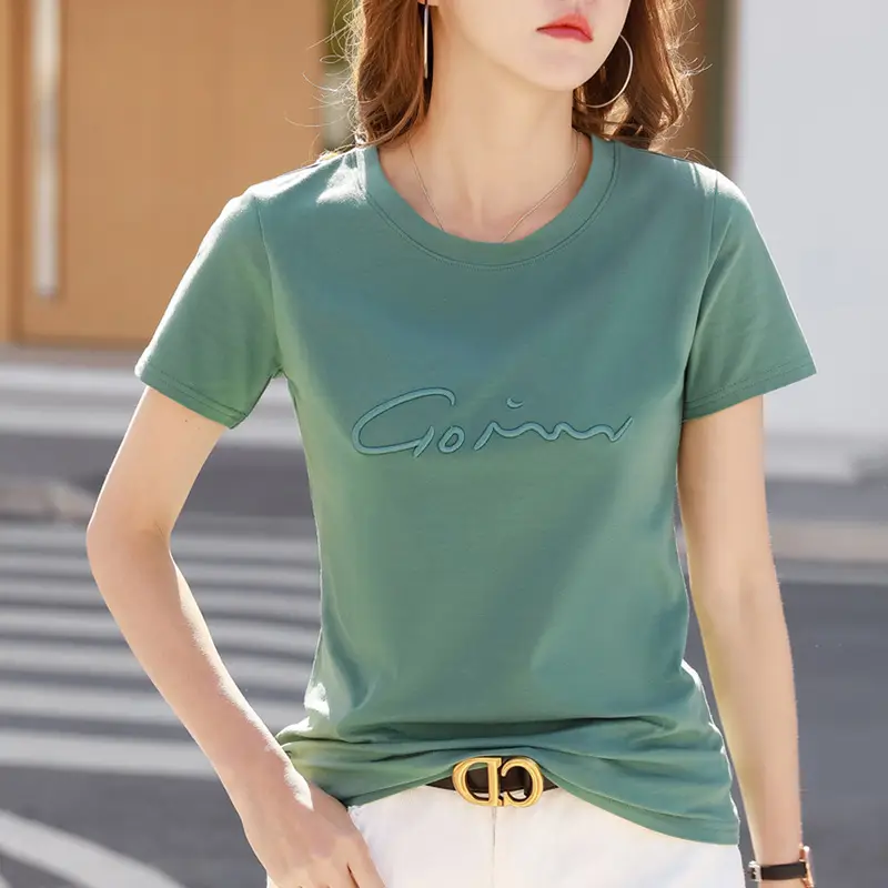 Women Black Embroidered Letter T-Shirt 22 Summer Loose Fit