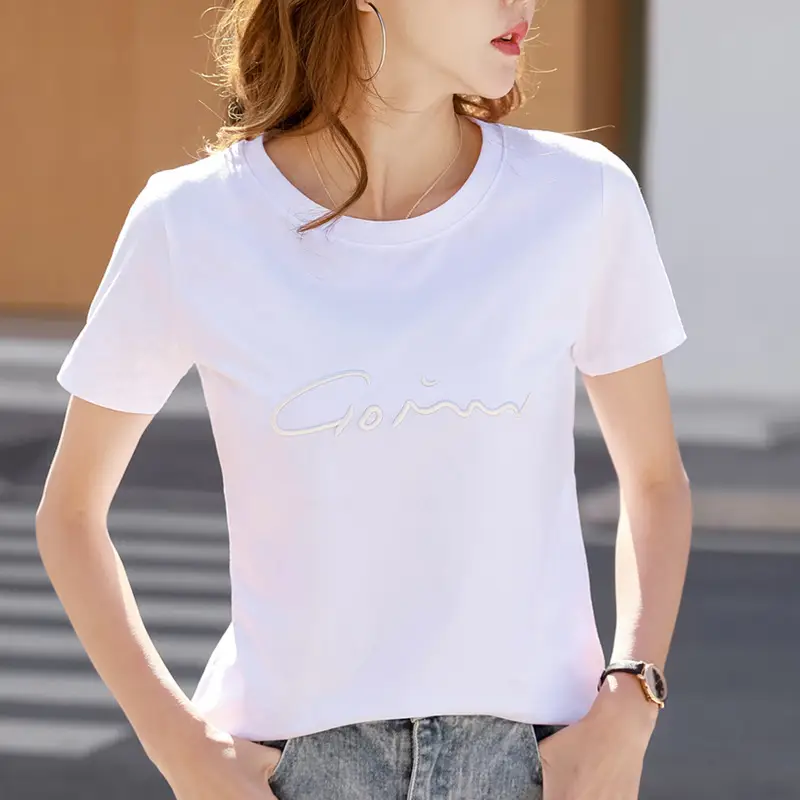 Women Black Embroidered Letter T-Shirt 22 Summer Loose Fit