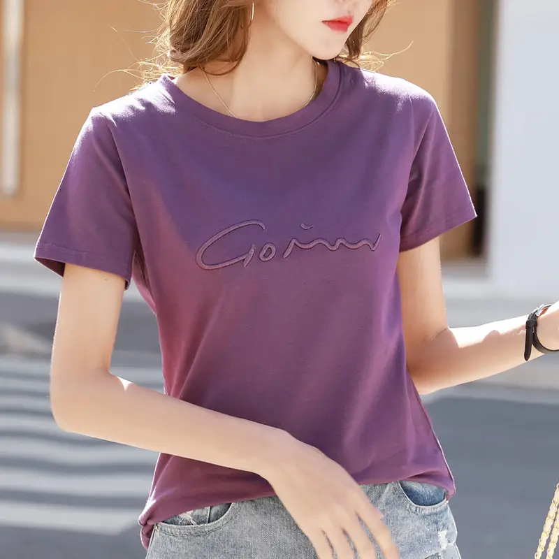 Women Black Embroidered Letter T-Shirt 22 Summer Loose Fit
