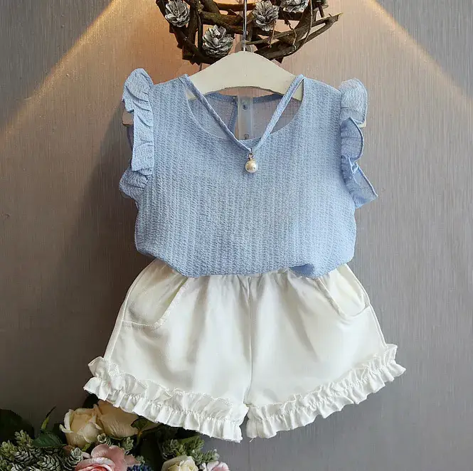 2024 Korean Style Girls Blue White Chiffon Two-Piece Suit - Image 4