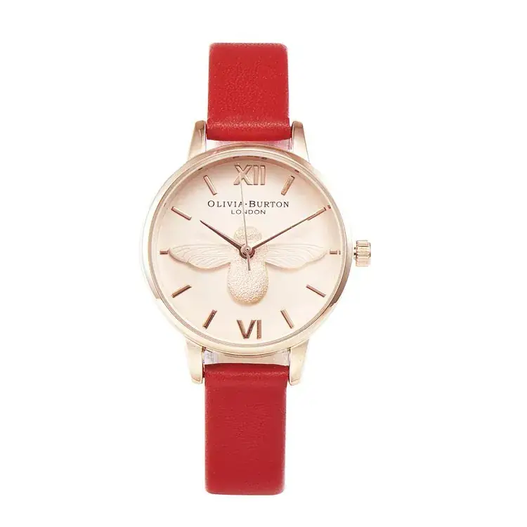 Women's Rose Gold Bee Watch with Red Leather Band