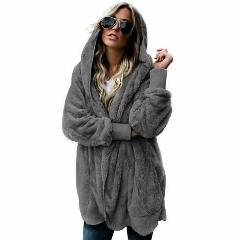 Women Woolen Hooded Coat Beige Mid-Length Anti-Fur - Image 15