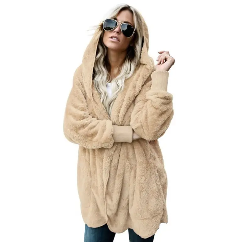 Women Woolen Hooded Coat Beige Mid-Length Anti-Fur - Image 17