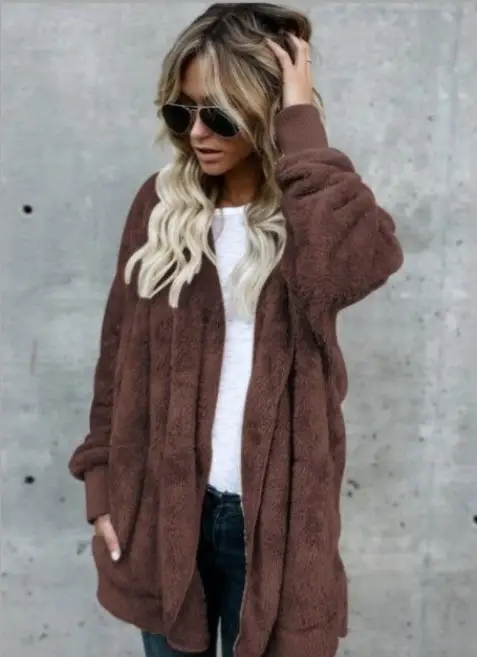 Women Woolen Hooded Coat Beige Mid-Length Anti-Fur - Image 8