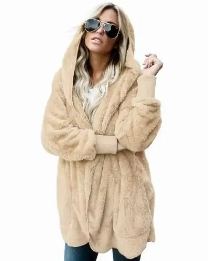 Women Woolen Hooded Coat Beige Mid-Length Anti-Fur - Image 9