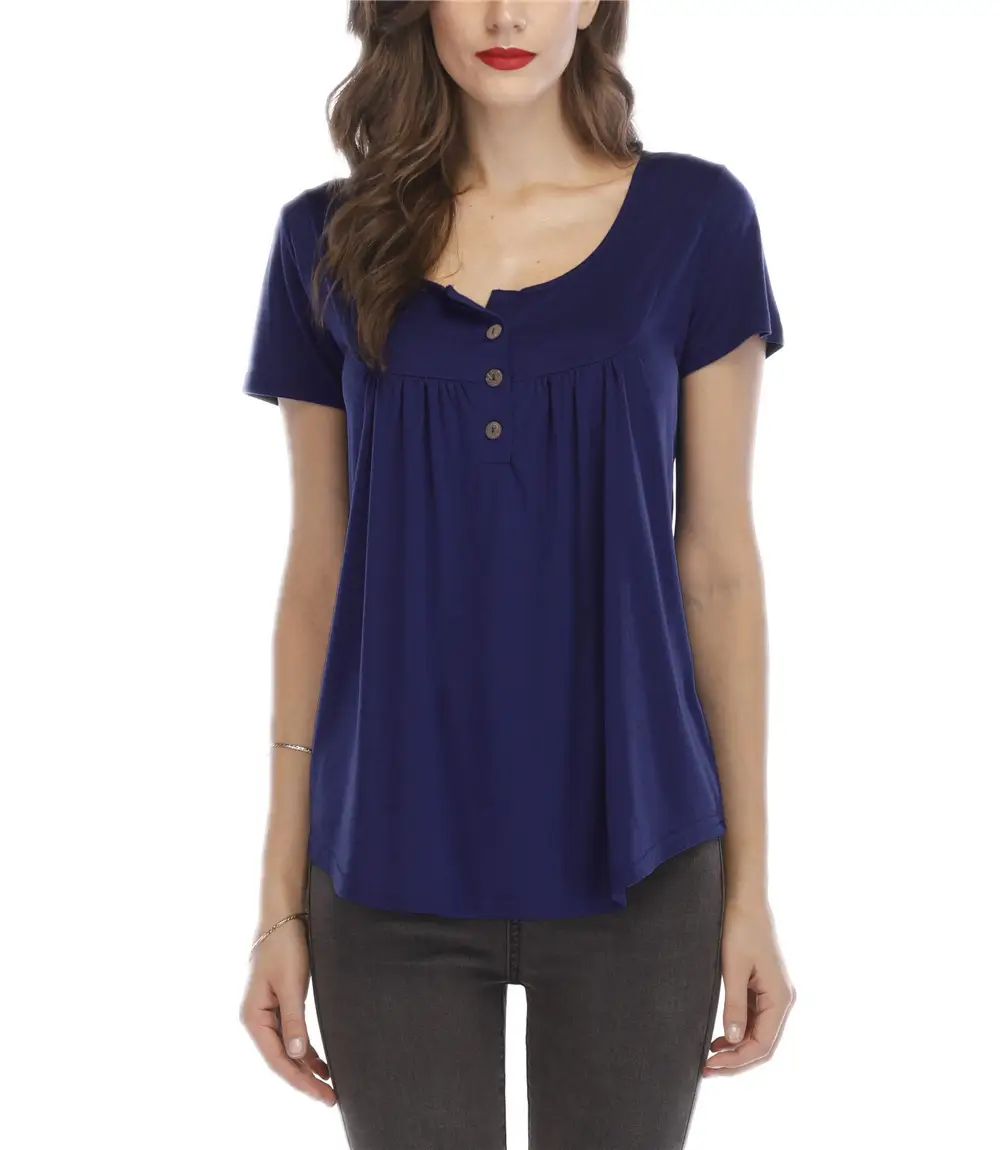 Blue Pleated Button T-Shirt for Women - Image 12