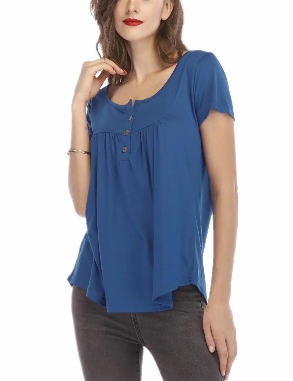 Blue Pleated Button T-Shirt for Women - Image 13