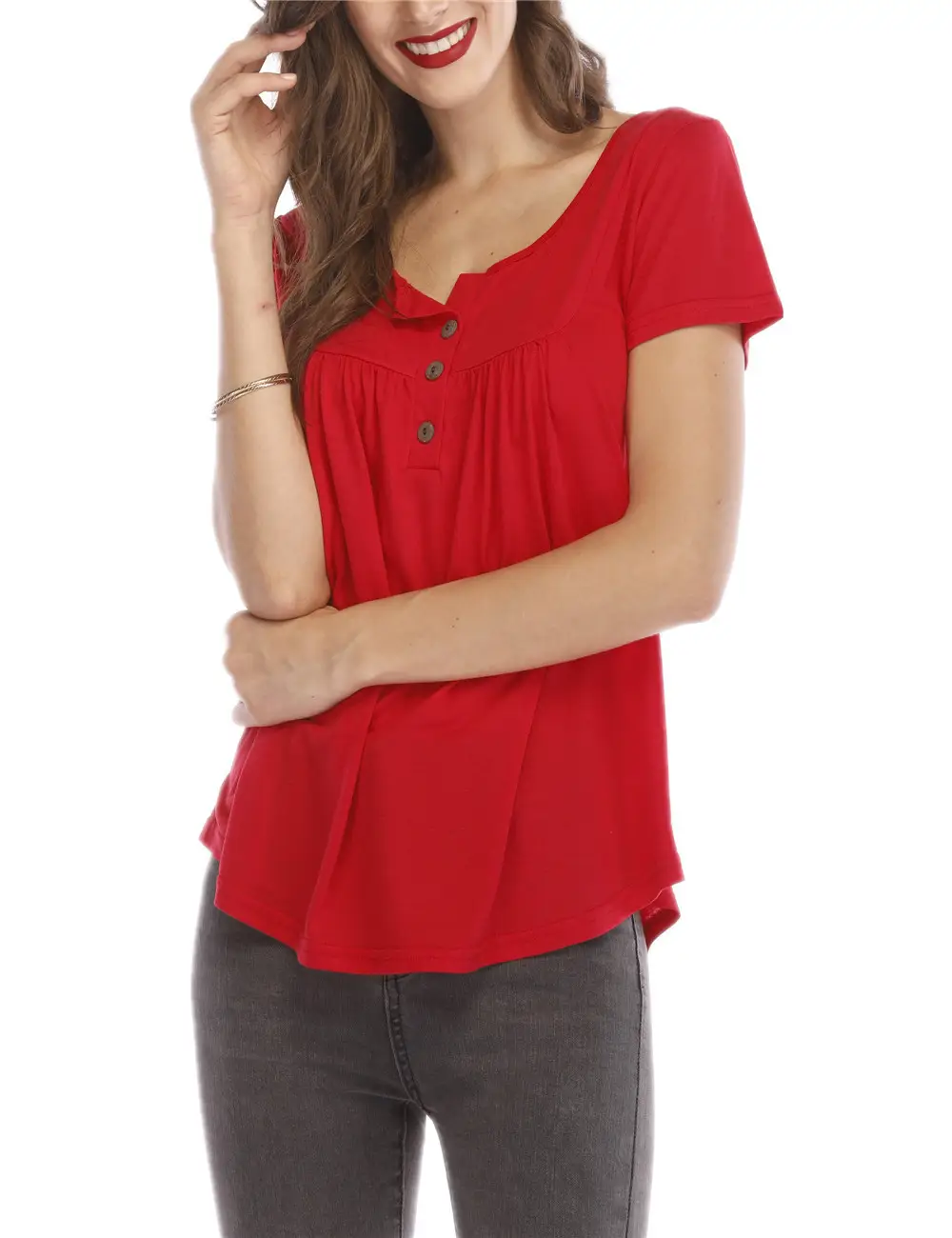 Blue Pleated Button T-Shirt for Women - Image 14