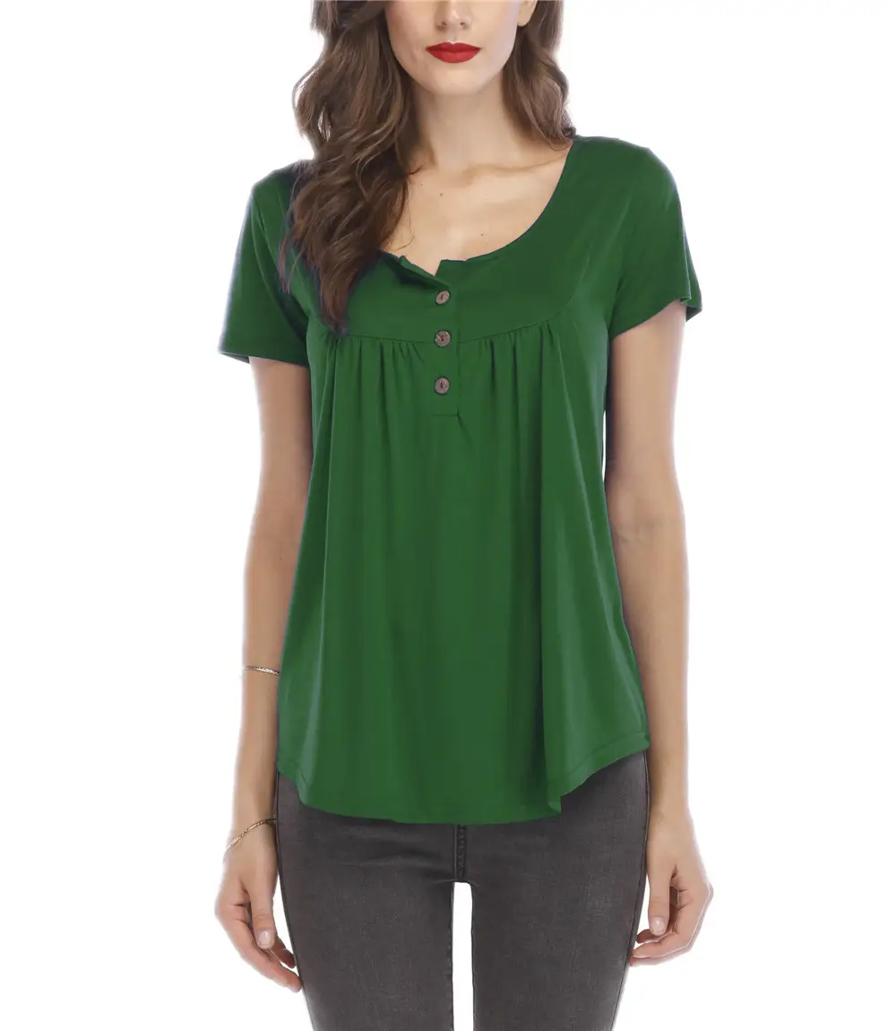 Blue Pleated Button T-Shirt for Women - Image 2