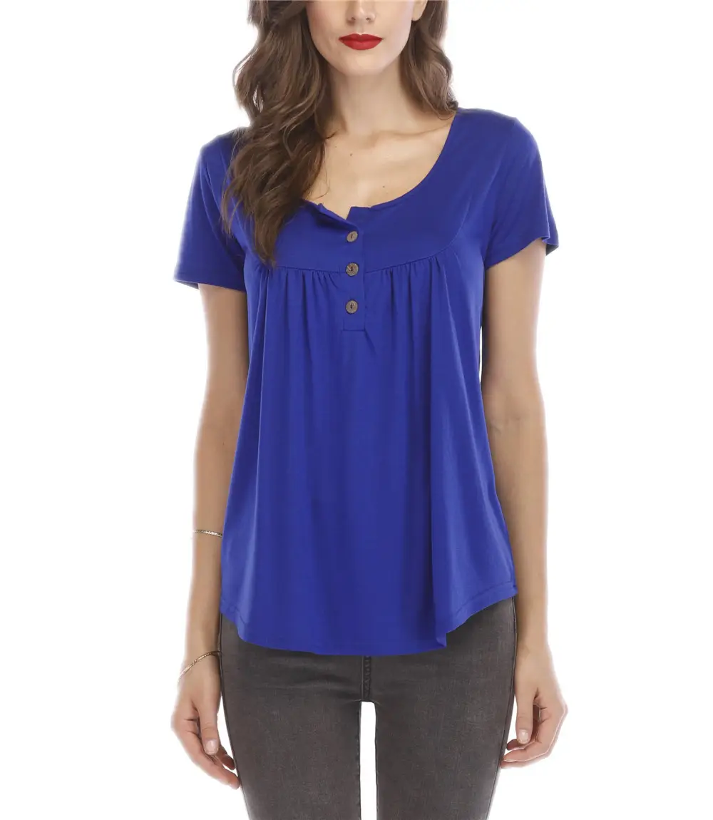 Blue Pleated Button T-Shirt for Women - Image 8