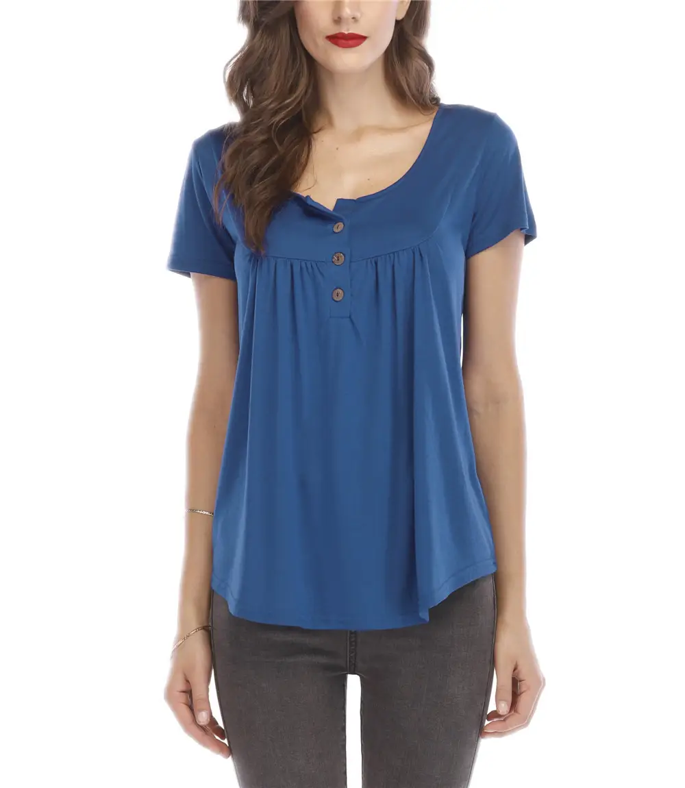 Blue Pleated Button T-Shirt for Women - Image 9