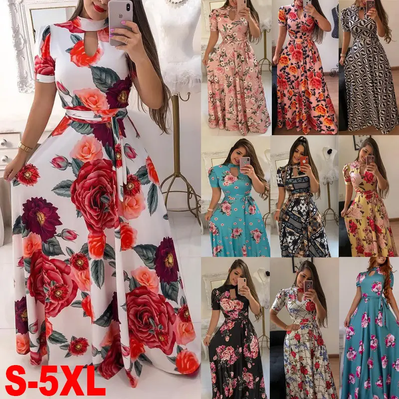 2025 Floral Flared Skirt Dress Teal Vacation Style - Image 4
