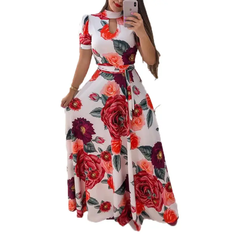 2025 Floral Flared Skirt Dress Teal Vacation Style - Image 8