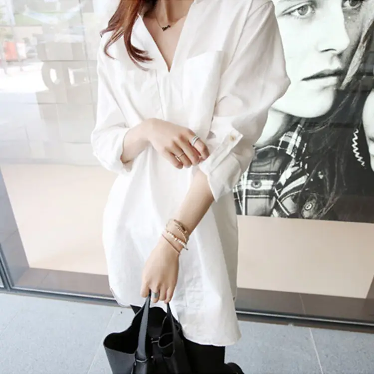 White Loose Long Sleeve V-Neck Shirt for Women - Image 3
