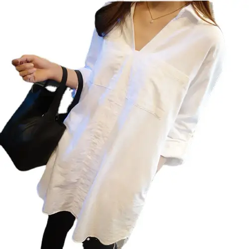 White Loose Long Sleeve V-Neck Shirt for Women - Image 6