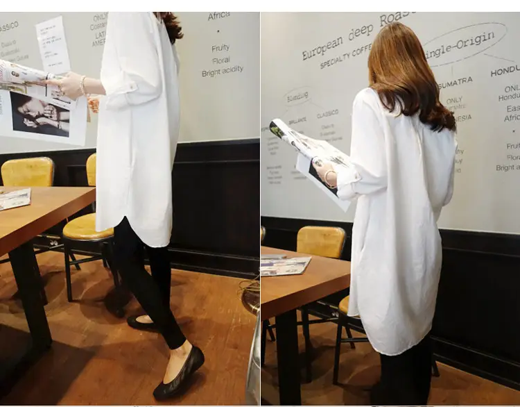 White Loose Long Sleeve V-Neck Shirt for Women — feature 10