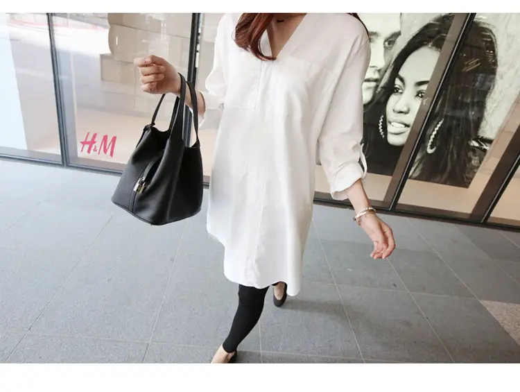 White Loose Long Sleeve V-Neck Shirt for Women — feature 13