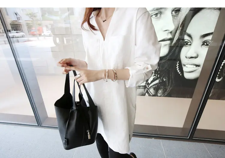 White Loose Long Sleeve V-Neck Shirt for Women — feature 14