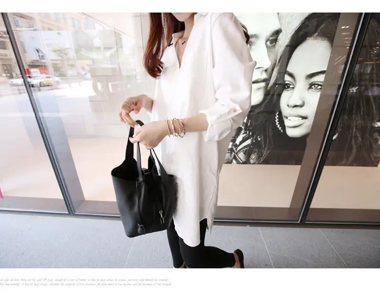 White Loose Long Sleeve V-Neck Shirt for Women — feature 15